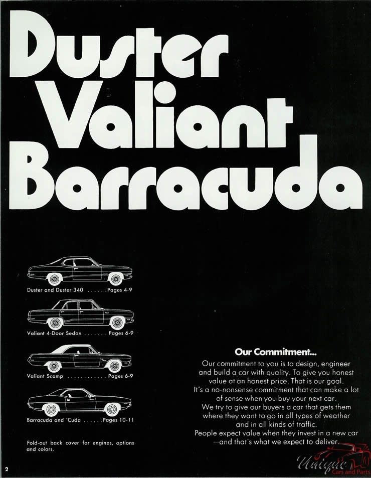 1972 Plymouth Duster, Valiant and Barracuda Brochure Page 1
